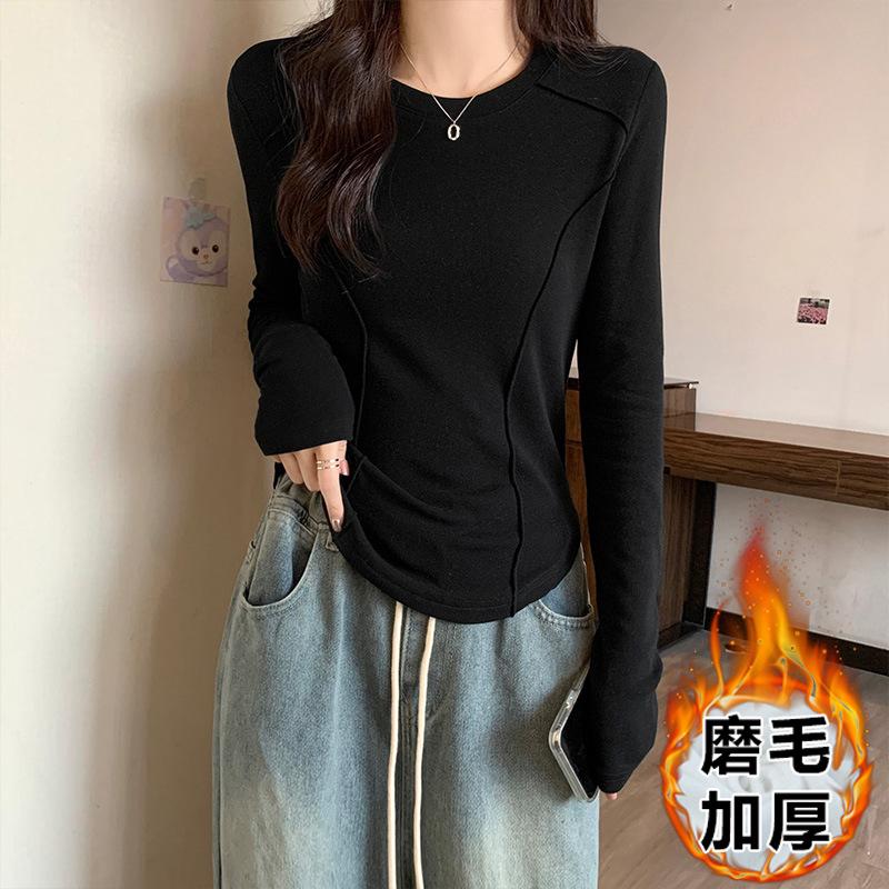 White long-sleeved bottoming shirt women's autumn and winter with short fishbone top design sense slim fit and fleece polished T-shirt