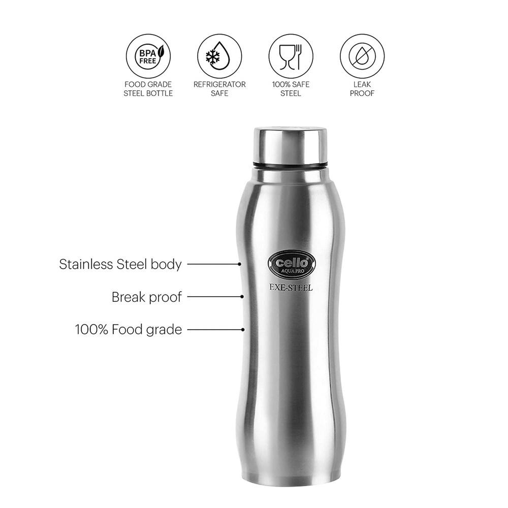 Cello Stainless Steel Water Bottle Set Of 2 | 1000ml Leakproof Bottles For Gym Office Travel | Airtight Food Grade Silver