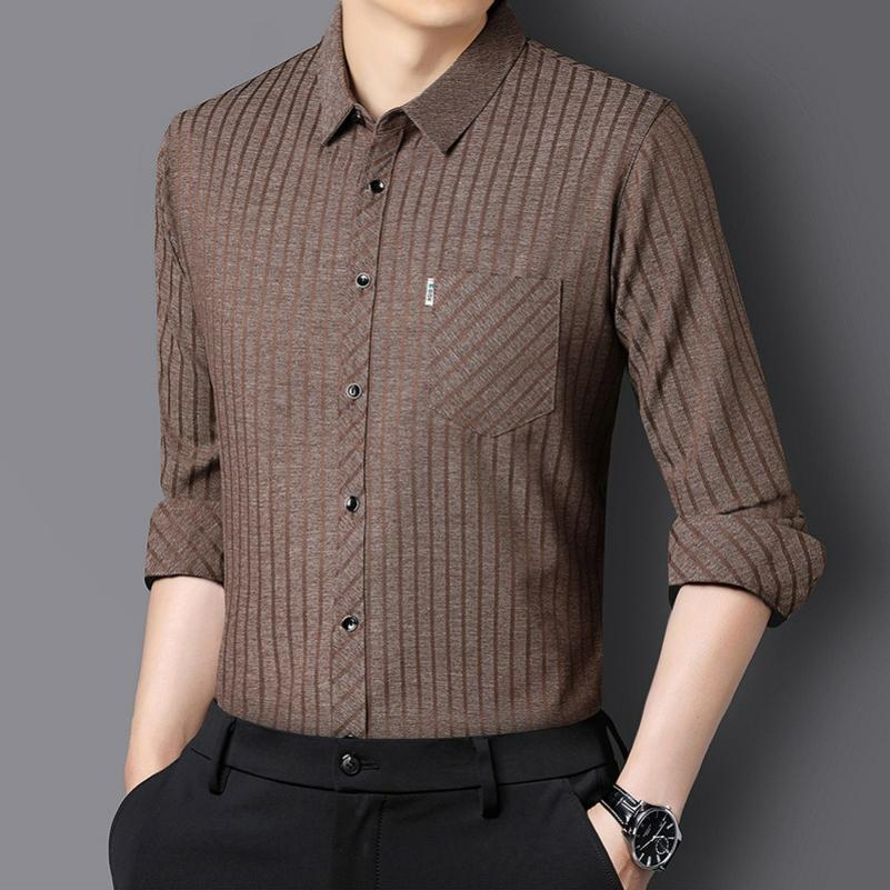 

Long-sleeved Shirt Men s Spring and Autumn Dad Wear Striped Non-iron Lapel Real Pocket Men s Shirt 4XL кавовий