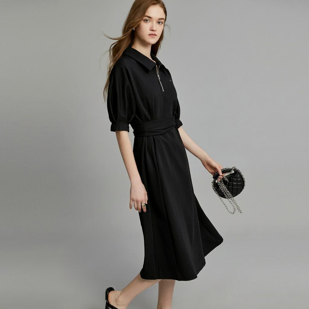 ELLE Polo Collar Design High Waist Midi Dress Slim Fit Elegant Short Sleeve Dress Women Dresses EL34321