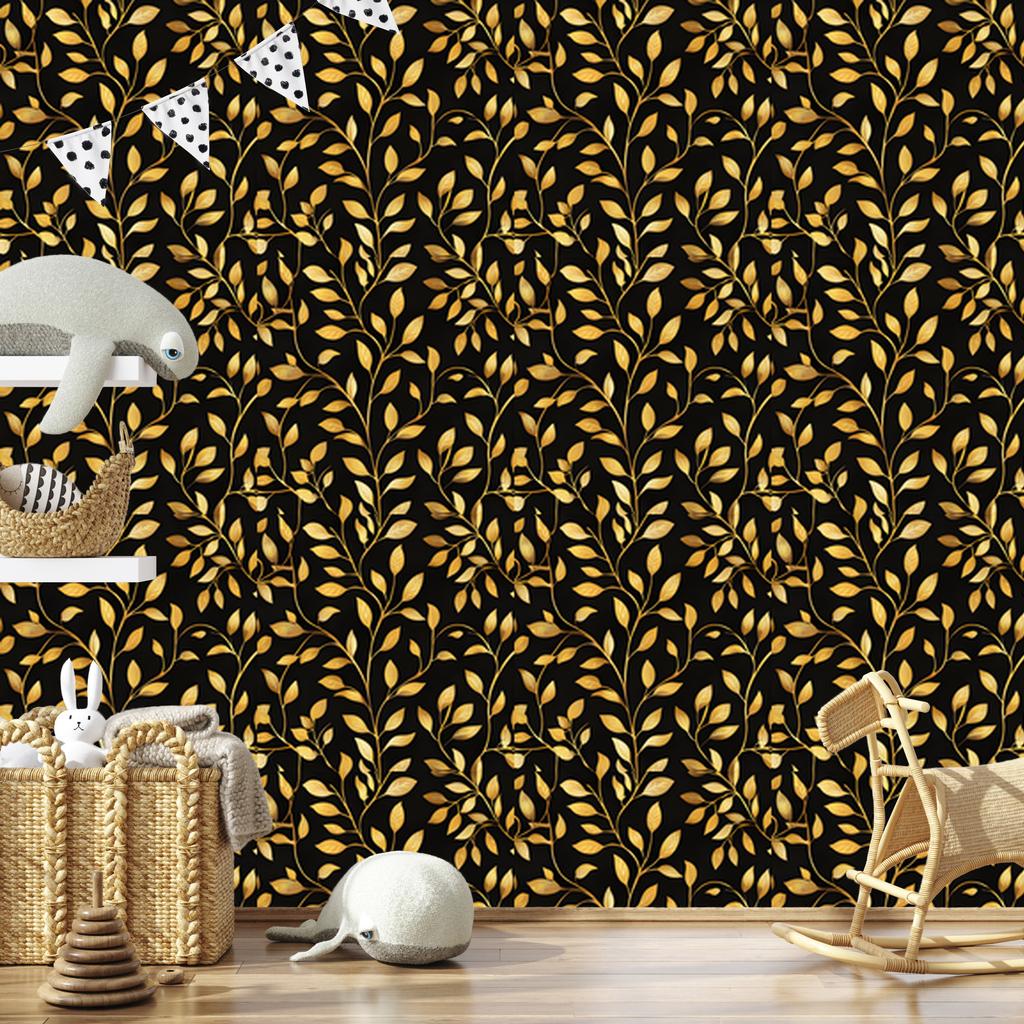 Flowers and Leaves Wallpaper Ochre and Black for Living Room and Bedroom 50x1000
