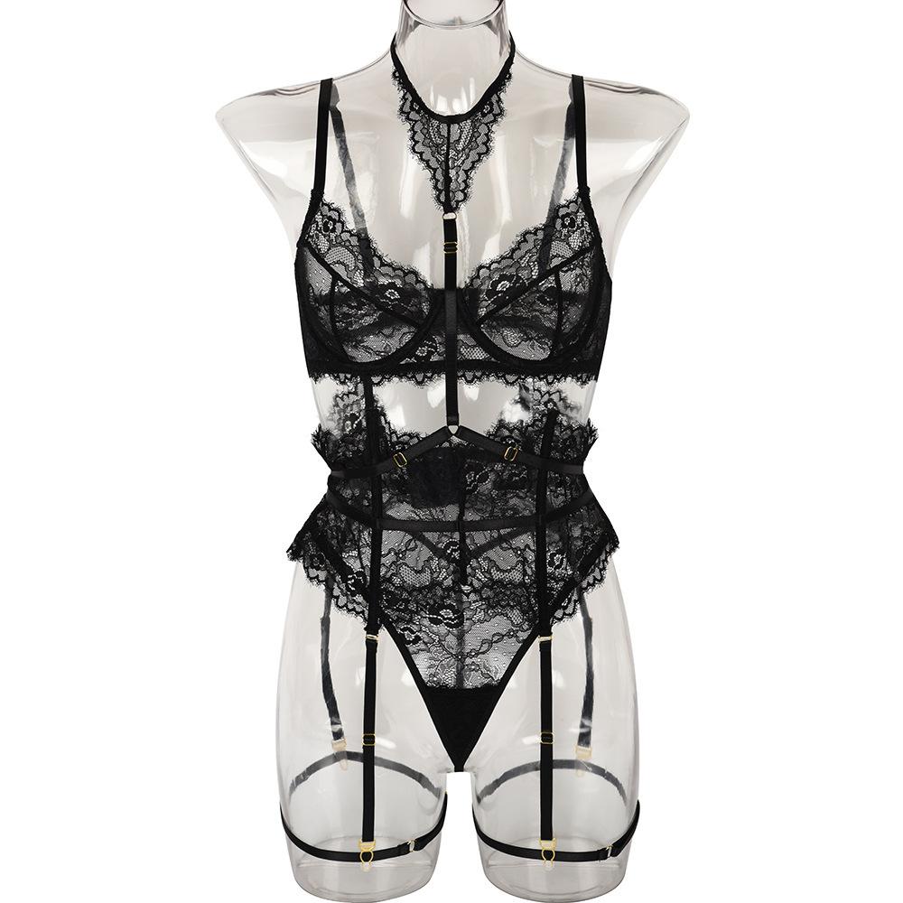 High-end quality explosive sexy underwear eyelash lace glue bone garter belt 8-color body sculpting five-piece set