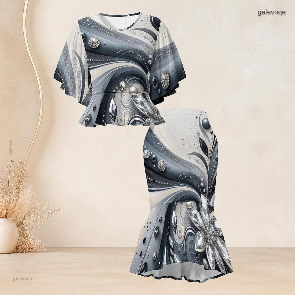 Women Plus Size Two Piece Set Round Neck Batwing Sleeve Printed Ruffle Hem Top Fishtail Skirt Dark Green Black