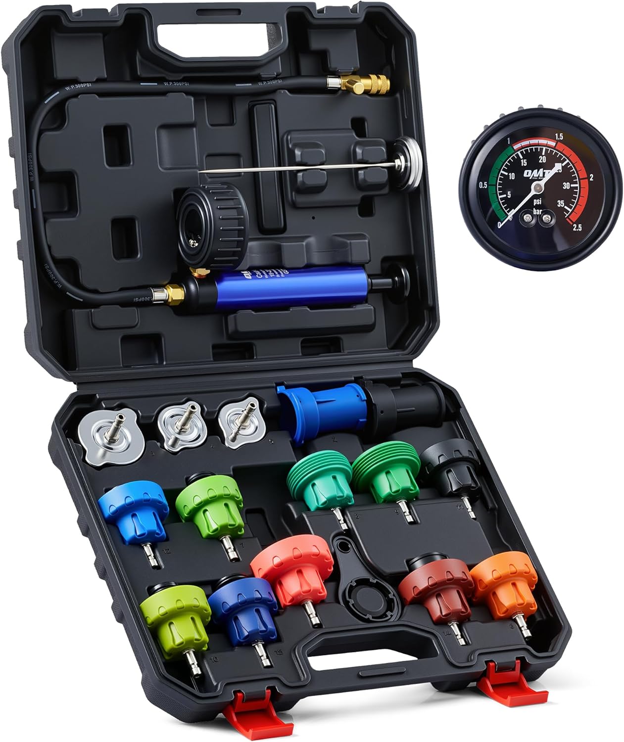 

Coolant Pressure Tester Kit, 19pc with 15 Adapters & Wrench, Vacuum Pump & Probe Thermometer чорний
