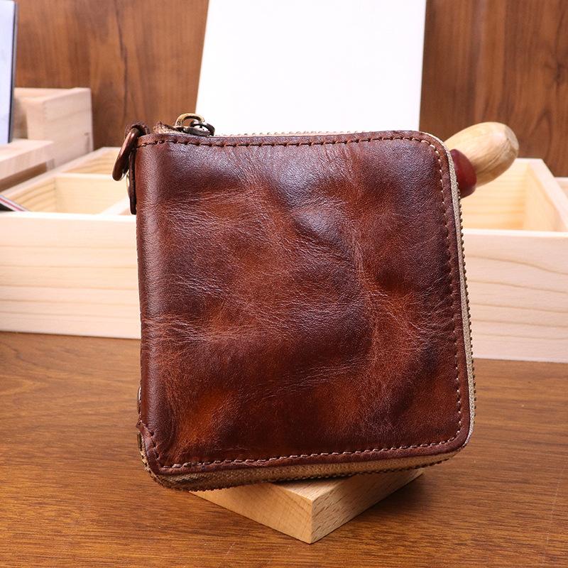 Portafoglio Fatto a Mano in Vera Pelle, Stile Corto Retrò, Vacchetta Lavata conciata al Vegetale, Portafoglio da Uomo alla Moda Personalizzato, Zip, Ampio Portabanconote