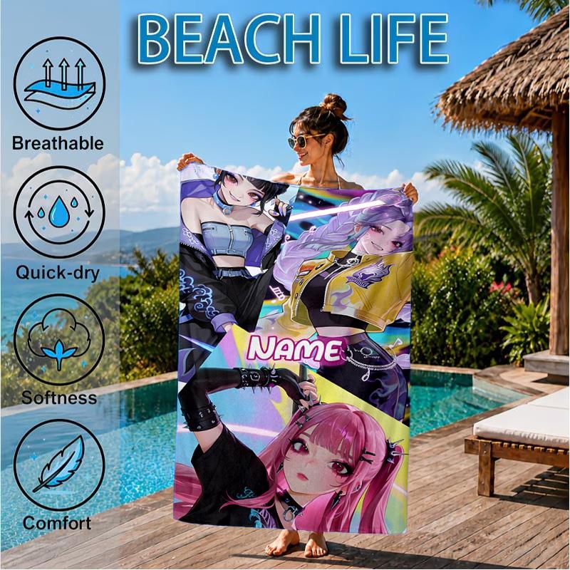 Custom Name KPop Cartoon Beach Towel Microfiber Beach Towel, Lightweight and Quick-Dry, for Summer Travel, Swimming Pool Gift
