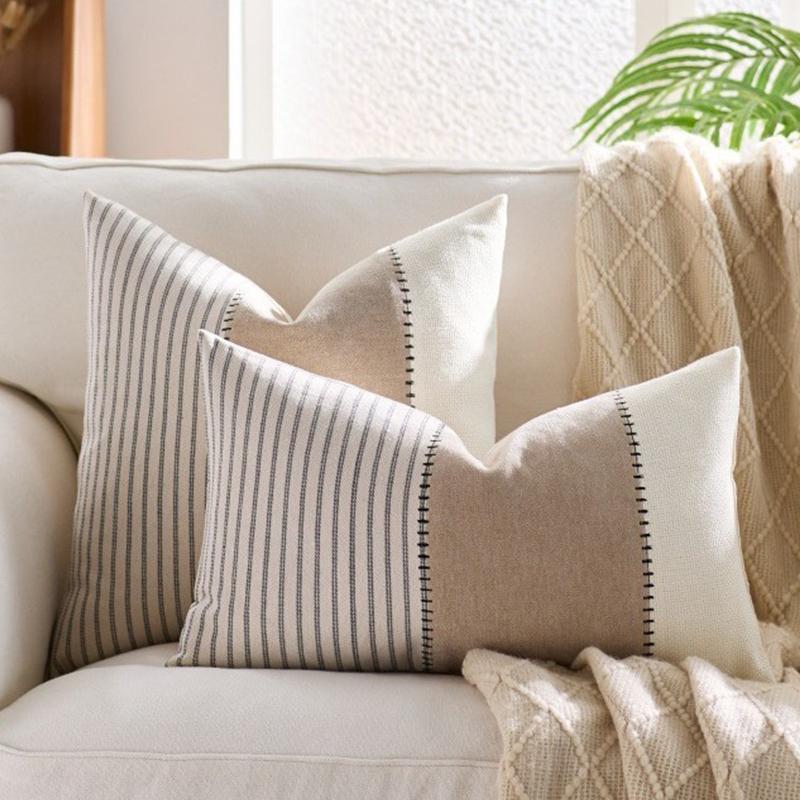 

2PC Boho Cushion Cover, Stripe Cotton Patchwork Pillowcase with Hidden Zipper, Farmhouse Accent Throw Pillow Cover for Couch Bed 2PC 30x50cm