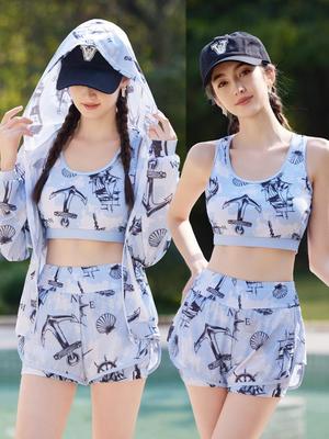 Korean Style Two-Piece High-Waisted Slimming Swimsuit with Long Sleeve Sun Protection and Push-Up for Women
