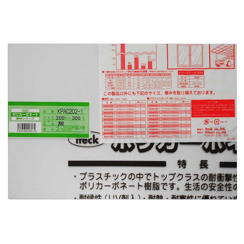 Hikari Polycarbonate Resin Sheet (with UV agent), Transparent, 200 x 300 x 2 mm, 00869045-1 KPAC202-1