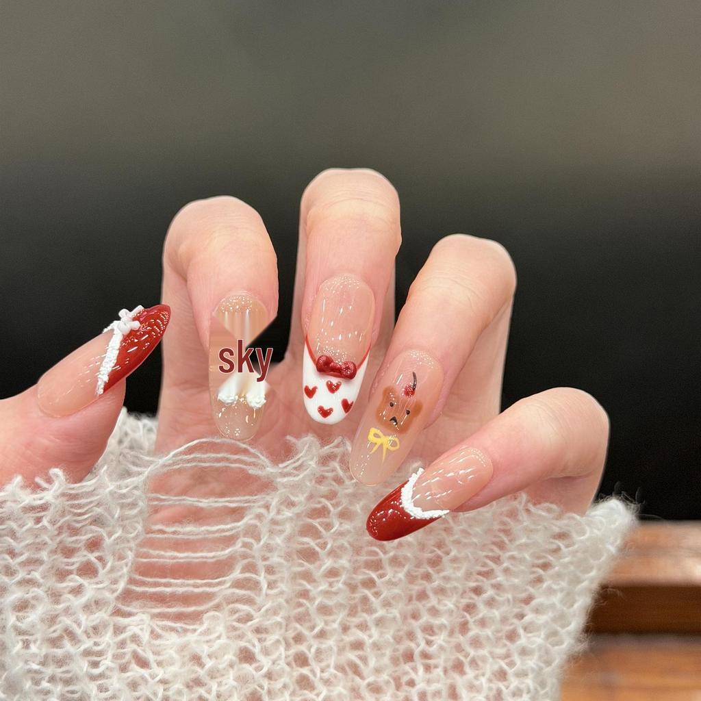 Hand-Painted Christmas & New Year Cat Nails: Dazzling French Glass Beads