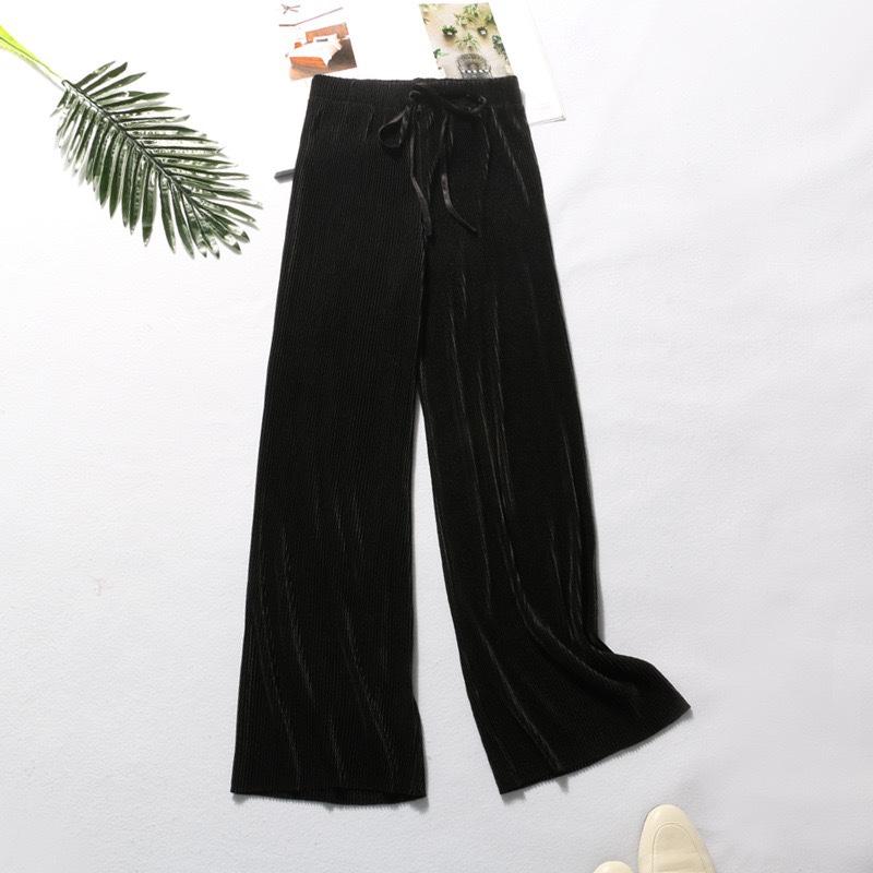 Women Fashion Summer Wide Leg Pants Pleated Ice Silk Trousers Elastic Waist Loose Casual Pants