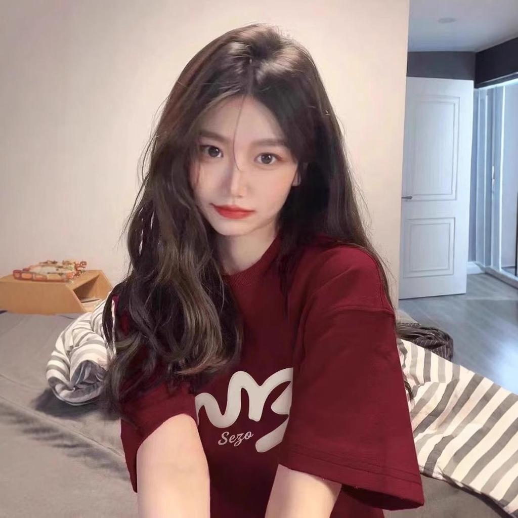 Burgundy Print Korean Style Casual Loose Short Sleeve T-Shirt