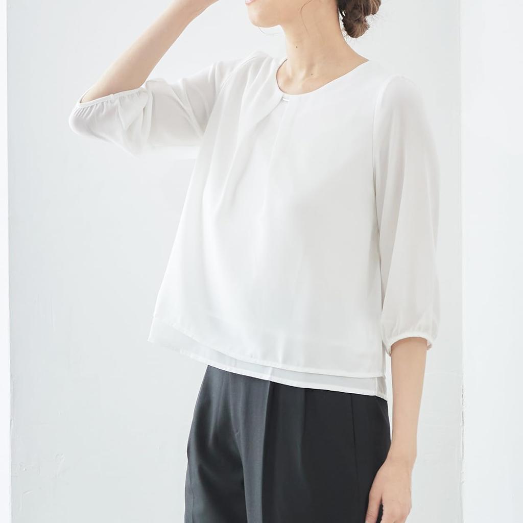 Chiffon Suit for Commuting and Office Use RIRIYĀNO Women's Blouse/Shirt, 3/4 Sleeve, Inner, Wrinkle-Resistant, Quick-Drying, (Size M, Off-White)