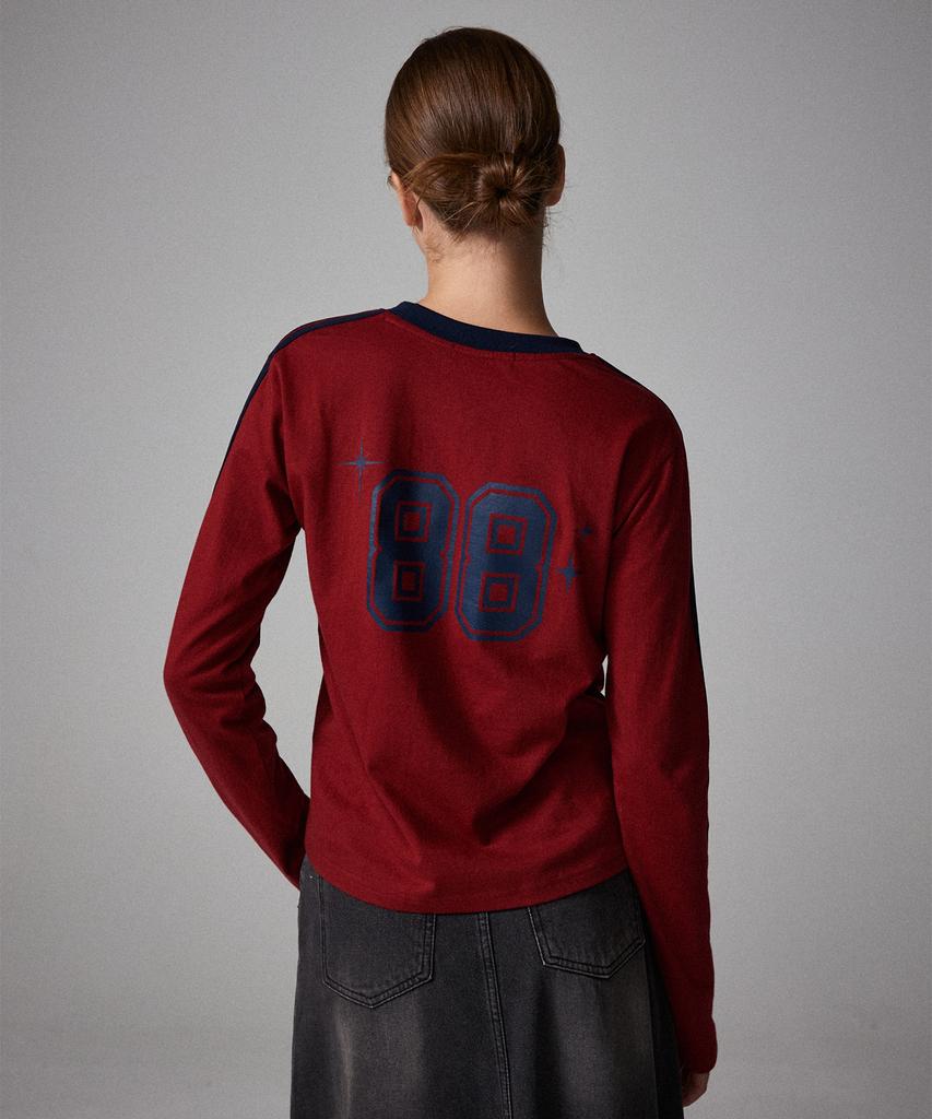 AWESOME STUDIO Football Line Color Block Long Sleeve Tee Wine