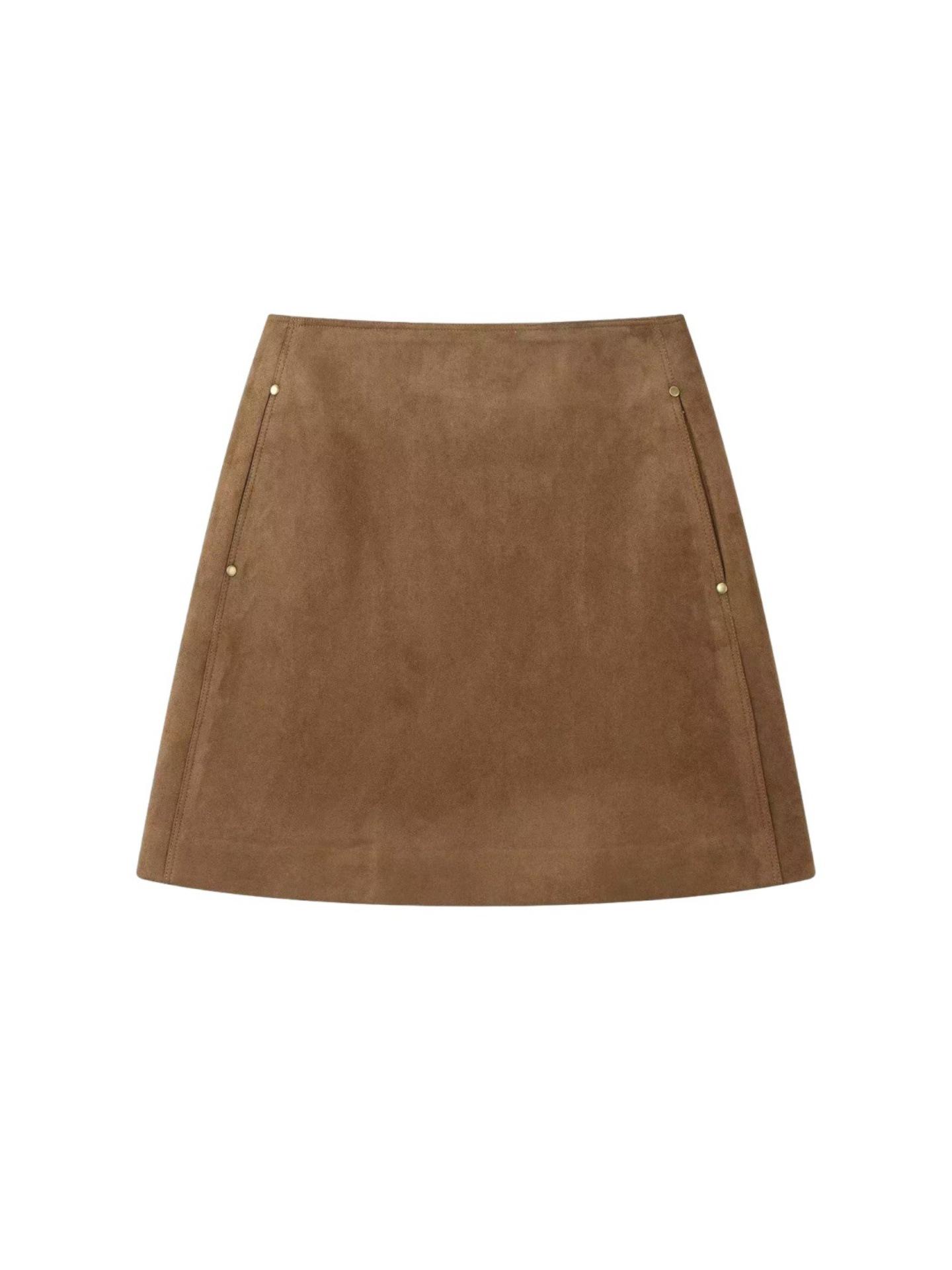 

Women s Plus Size Brown Leather Velvet A-line Mini Skirt - Spring/Autumn Hip-hugging Slim Suede Half Skirt L