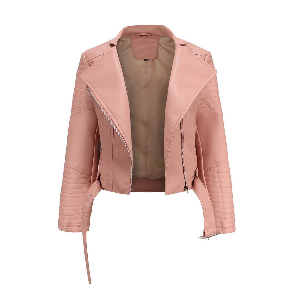 Punk Style Jackets for Women Faux Leather Lapel Tie Belt Motorcycle Short Coat Long Sleeves Zipper Outwear Bomber Tops