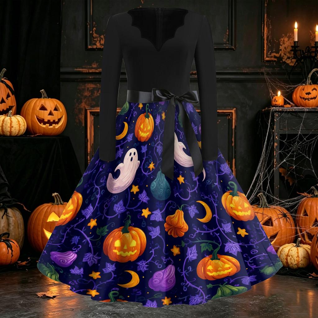 Women's Long Sleeve V Neck Vintage Style Dress with Halloween Print Casual Retro Fit and Flare Midi Dress with Waist Tie for Everyday Wear