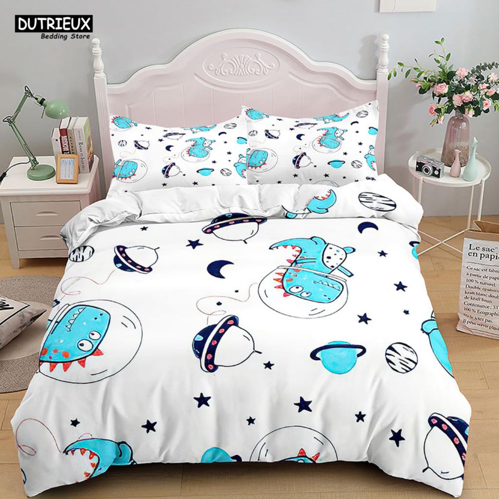 Cartoon Dinosaur Bedding Set White Soft Duvet Cover Animals Kids Boys Single Double Twin Queen King Size Duvet Cover Set