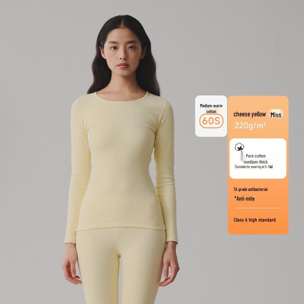 220g 95% Cotton Women's Autumn Warm Set: Antibacterial Round Neck Base Layer & Trousers.