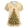 Women's V-Neck Christmas Print Scrub Top Short Sleeve Uniform with Pockets and Side Slits