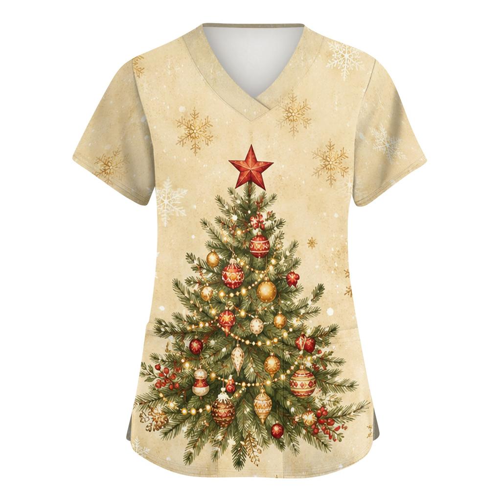 Women's V-Neck Christmas Print Scrub Top Short Sleeve Uniform with Pockets and Side Slits