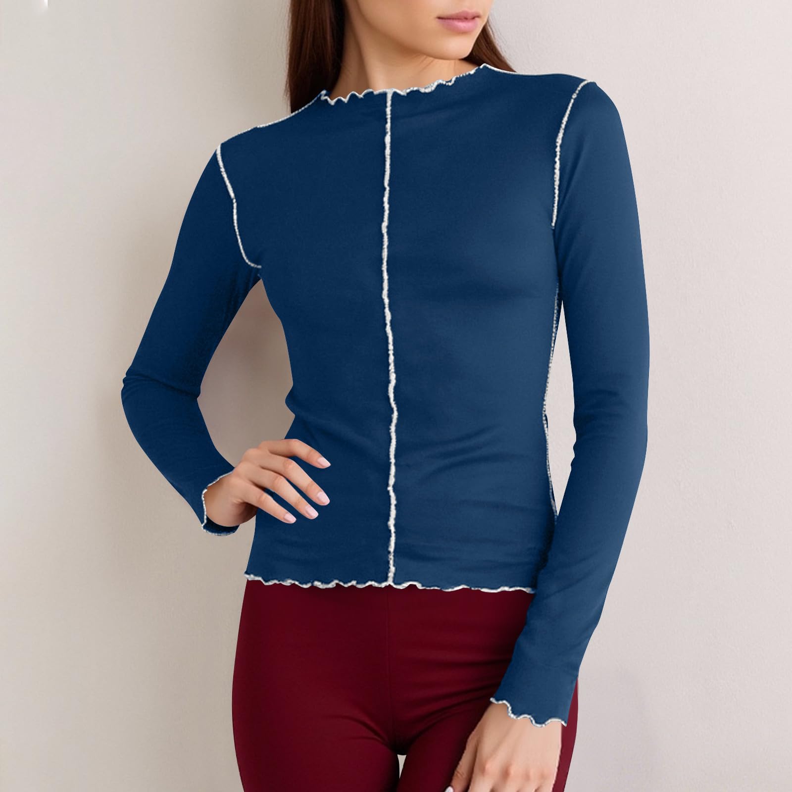 

Ladies Casual And Fashionable Contrasting Color Rolled Edge Half High Neck Long Sleeved T-shirt With Trendy Style Top S тёмно-синий