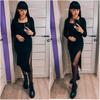 Split Solid Knitted Dress Long Sleeve Khaki Ribbed Casual Women Dresses Midi Ladies Bodycon Dress