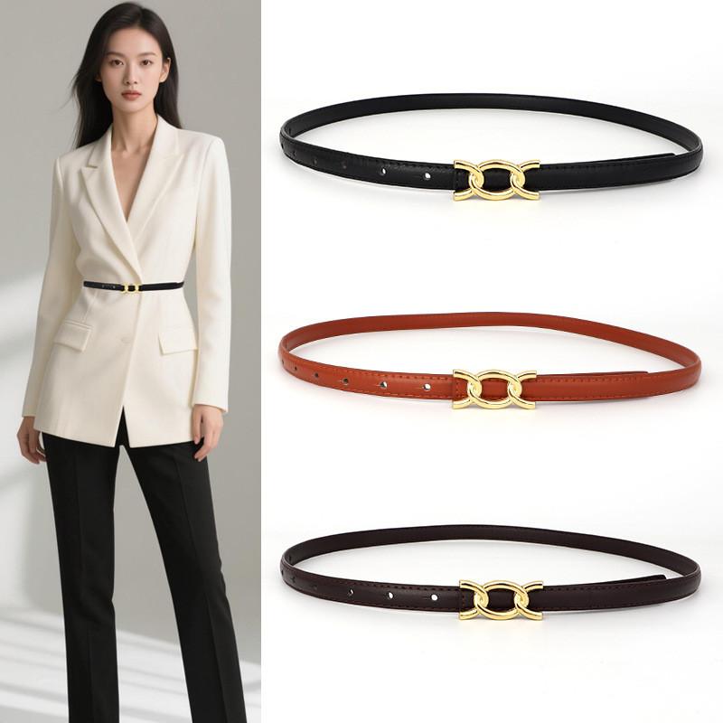 Elegant Womens Pu Skinny Belt With Gold Alloy Buckle For Formal And Casual Style