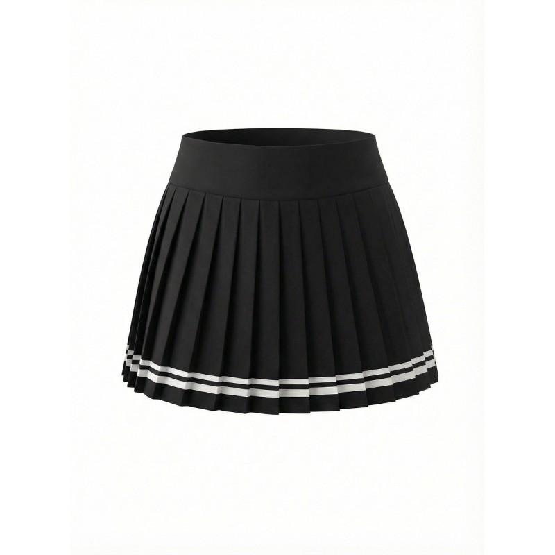 Womens Tennis Sport Set Long Sleeve Zipper Collar Skirted Outfit Striped Pleated Gym Workout Suit