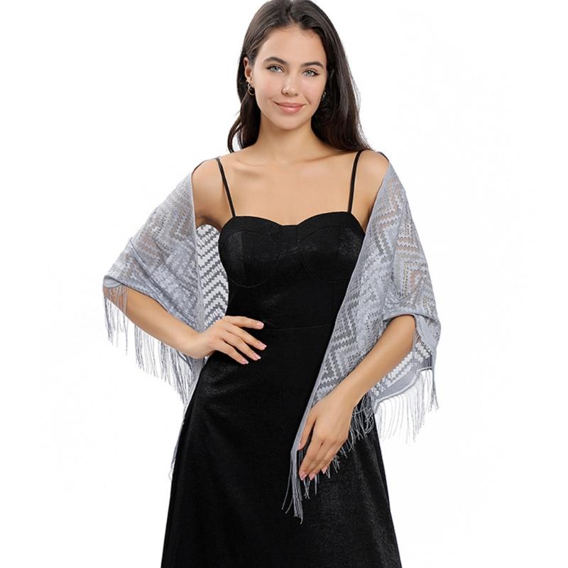 Women's Triangle Lace Shawl with Tassels Waved Shoulder Wrap Shawl Scarf for Bridal Gowns and Evening Parties