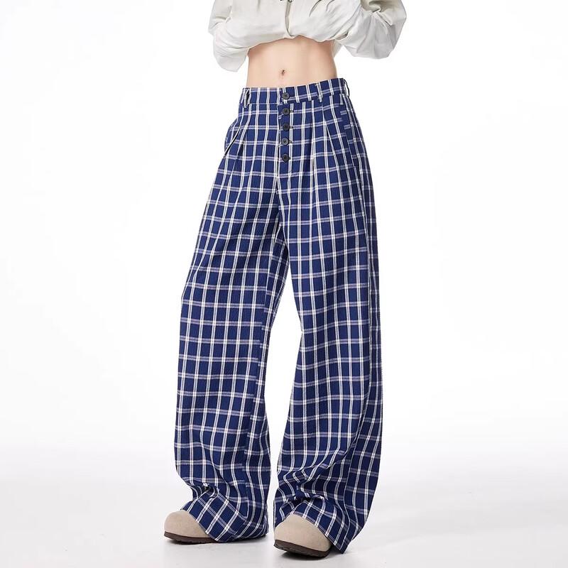 BWKA Zhao Lusi Style Plaid Wide-Leg Casual Pants XL