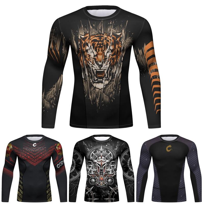 Mens Quick-Dry Long Sleeve T-Shirt Breathable Sport Tee With Animal Print Slim Fit Fall Winter