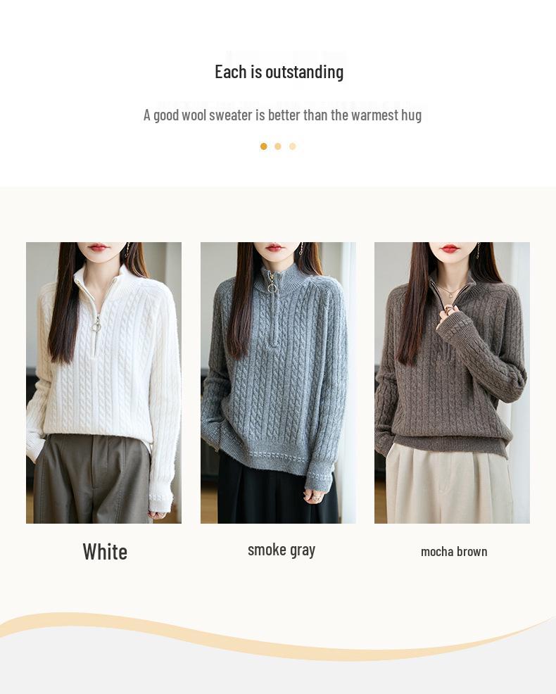 Elegant Pure Wool Cable Knit Sweater: Women's Half-High Collar, Zipper, Long Sleeve, Loose Fit