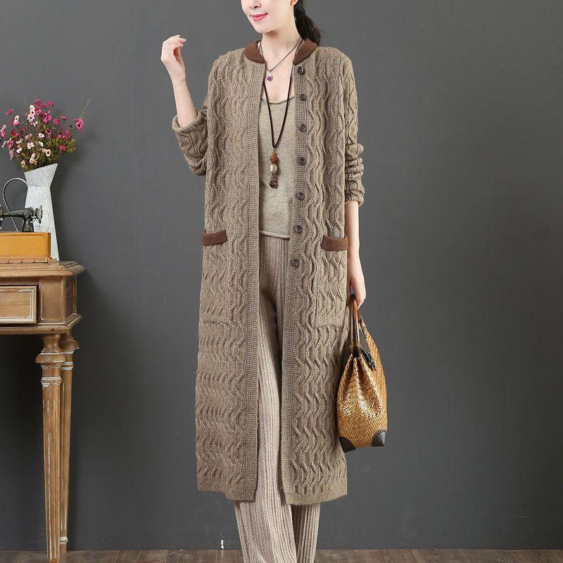 New Casual Loose Cardigan Office Lady Cardigan Solid Color Double Pocket Autumn Winter Women Long Sleeve Knitted Coat Streetwear