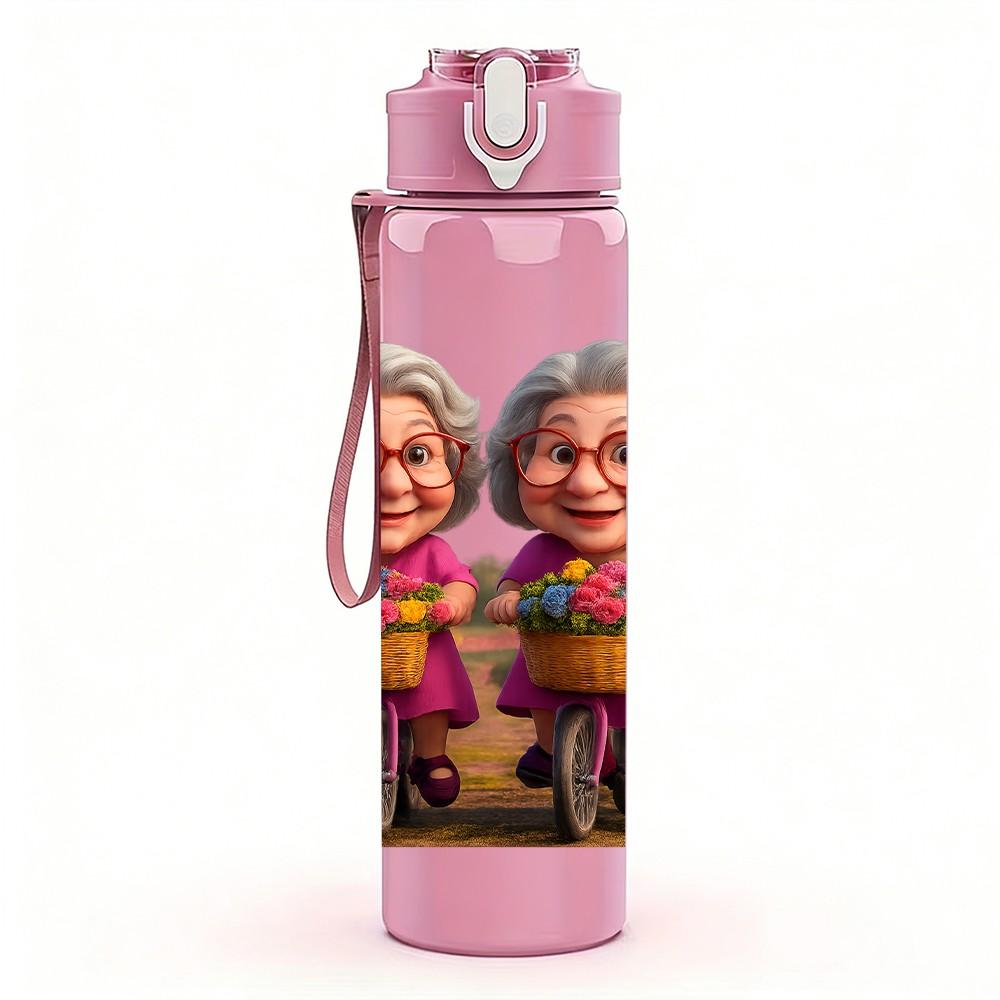 1PC Two Elderly Old Ladies Portrait Print 750ml Color Plastic Sports Water Bottle Leakproof Flip Straw Lid Suitable for Sports Office Home Use