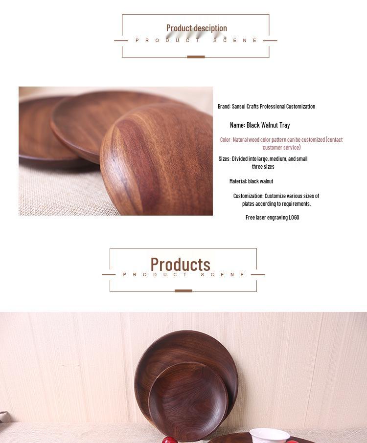 Round Black Walnut Wooden Tray for Breakfast, Pastry, Fruit, and Snacks