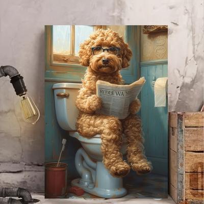 Lustiges Leinwand-Wandbild für die Toilette - Niedlicher Pudelähnlicher Hund liest Zeitung im Badezimmer, Humorvolles Haustierliebhaber-Geschenk für, Büro oder Einweihung