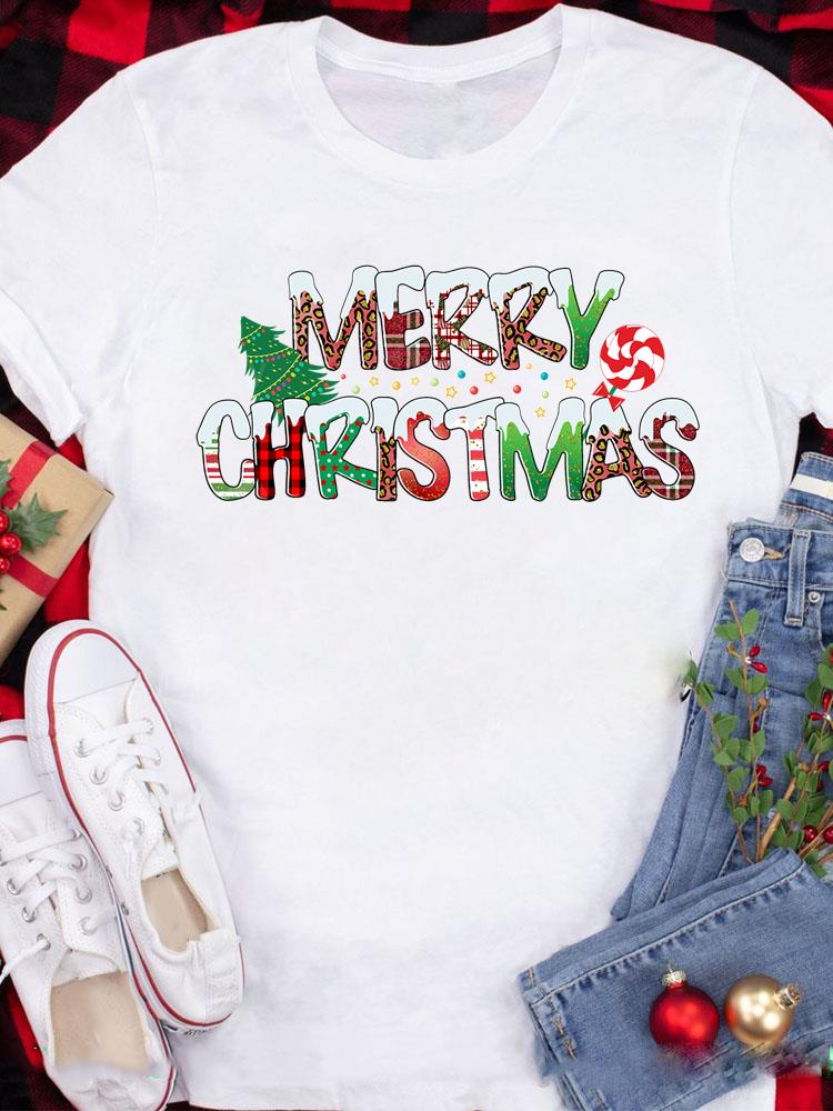 (Asian Size) Tee Top festival  Merry Christmas New Year Holiday Casual tree cute 90s Women Print Lady Short Sleeve Fashion Graphic T-shirts