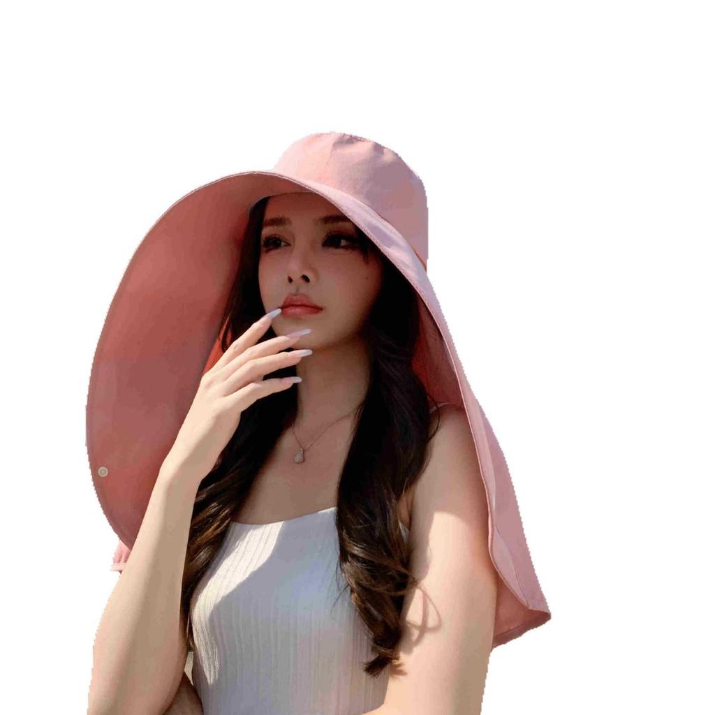 Women's UV Protection Wide Brim Sun Hat with Neck and Face Covering Shawl, Korean Style.