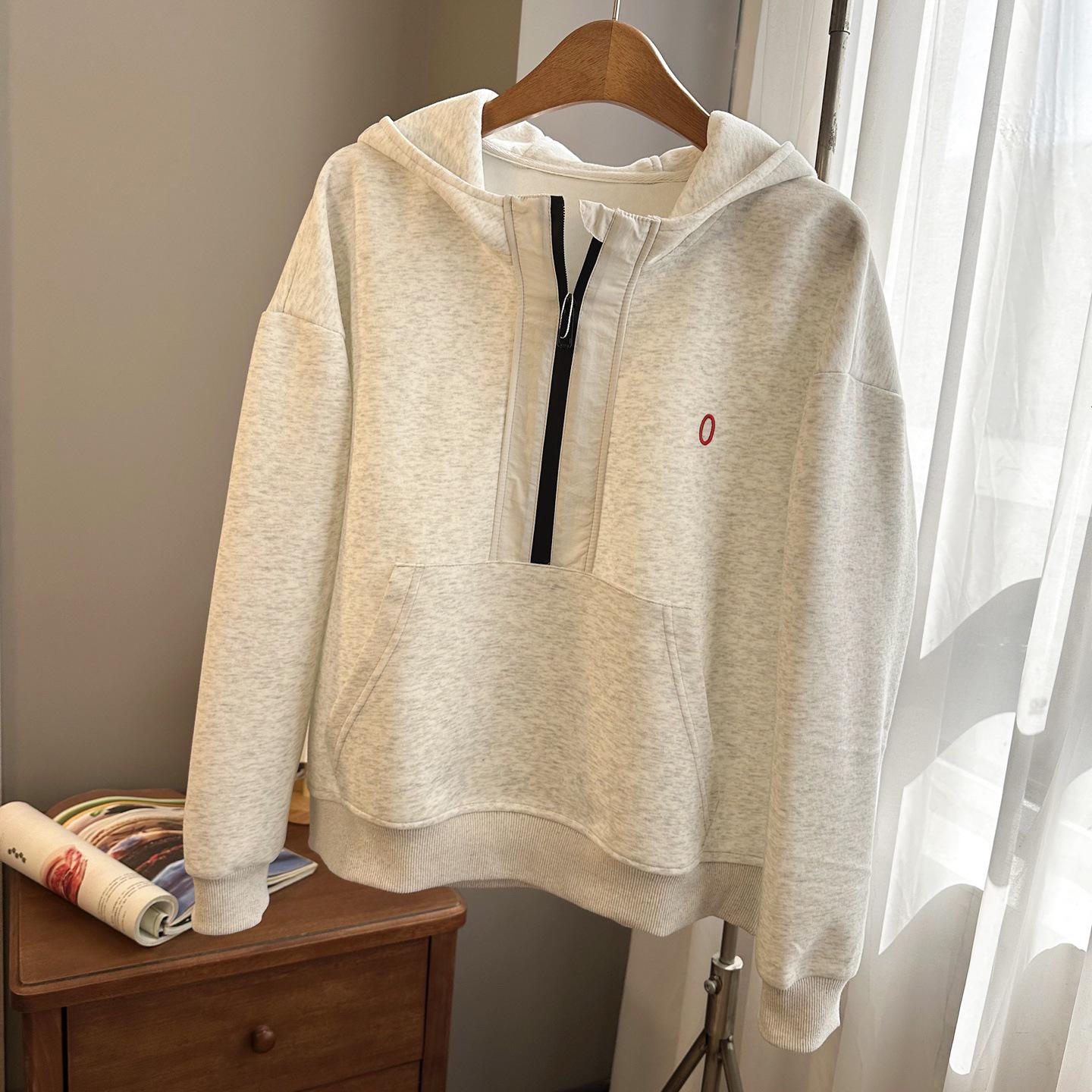 

Женская весенне-осенняя толстовка с капюшоном на молнии до середины - пуловер в корейском стиле Large серый