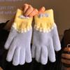 Cute Blue Plush Knitted Five Finger Gloves for Women in Autumn and Winter Warm and Velvet Thickening  New Style for Cycling and Cold Protection