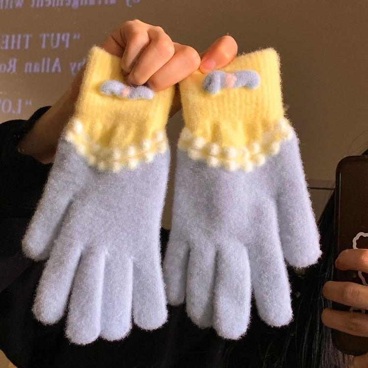 Cute Blue Plush Knitted Five Finger Gloves for Women in Autumn and Winter Warm and Velvet Thickening New Style for Cycling and Cold Protection