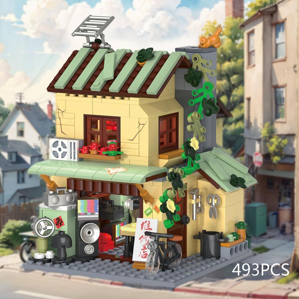 Creative China City Street View Small Block Grocery Store Bookstore Breakfast Electrical Repair Shop Construction Blocks Figures Toys