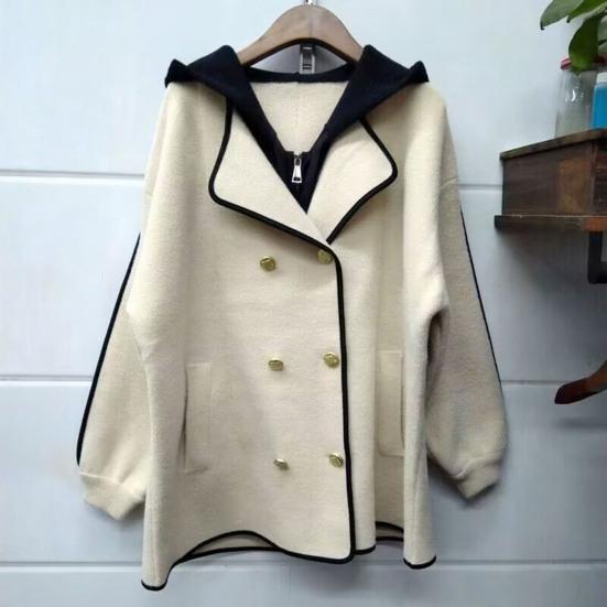 Women Jacket Fake Two-piece Drawstring Double-breasted Long Sleeves Cardigan Contrast Color Jacket