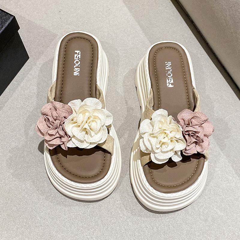 Fashion 7.5CM High Heels Slippers Women 2025 Summer New Thick-Soled Ladies High Platform Flower Beach Sandals Flip Flops Shoes