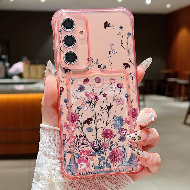 Fashion Floral Print Shockproof Clear Silicone Case For Samsung S24 FE S23 Ultra S22 A16 A15 A55 A35 A54 A14 Card Slot Soft Transparent Phone Cover