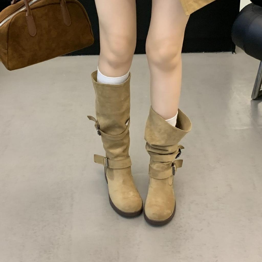 Belt Buckle Stack Boots Thick Heel 2025 Autumn and Winter Retro High Boots Korean Version Boots Niche Tooling Boots Women