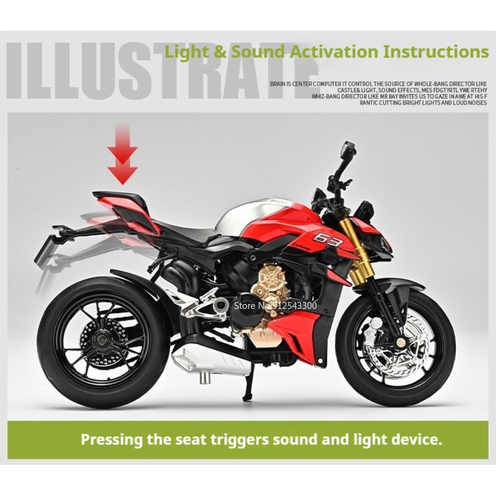 1:12 Size V4S 1199 Model Motorcycle Car Toy Alloy Body Linkage Steering Motor Bicycle Sound Light Models Office Table Ornament