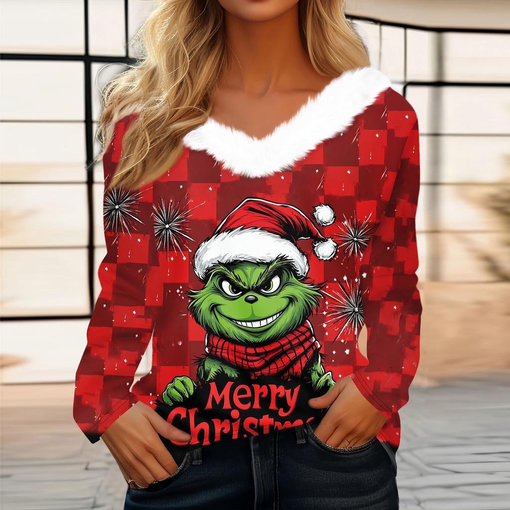 Damen Weihnachtsbedrucktes Langarmshirt V-Ausschnitt Lässig Locker Geschnitten T-Shirt Oberteile
