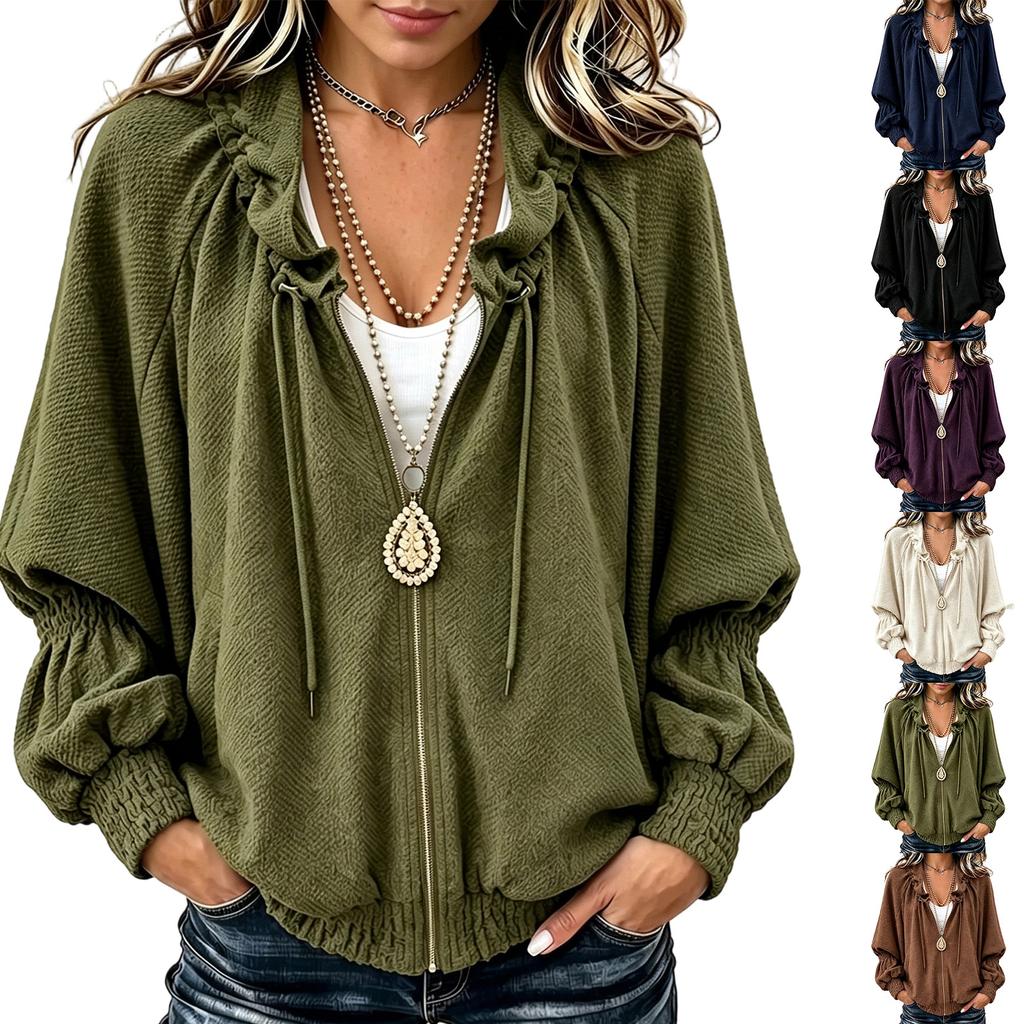 Women's Color Pleated Stand Collar Zip-Up Jacket